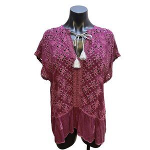 NWT Johnny Was Plum purple Embroidered Floral Blouse w/Tassel Tie Neck Size L